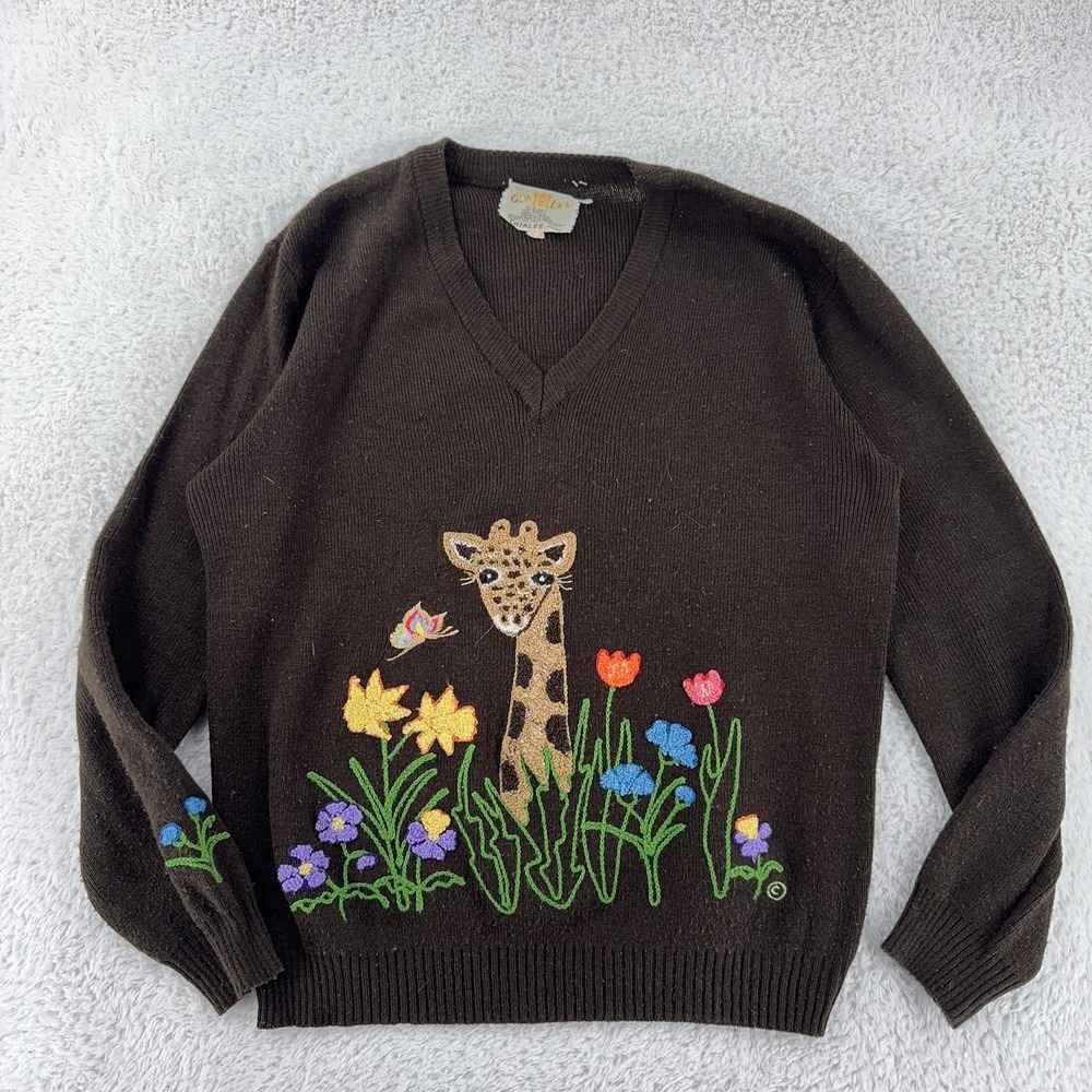 Vintage Cyn‎ Les Shirlee Designs Embroidered Giraffe 2-Sided Sweater Womens S